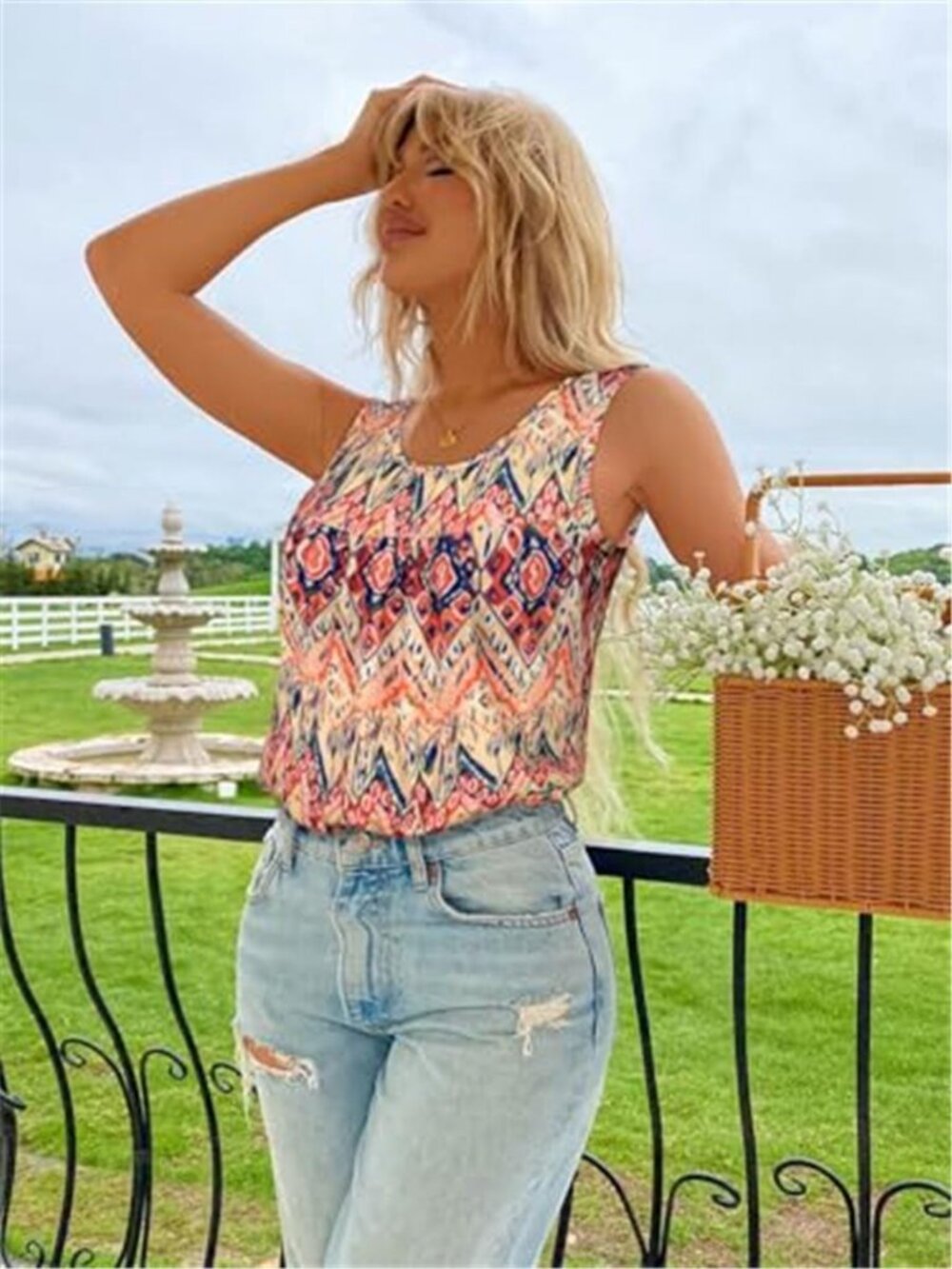 Boho Print Tank Top Women Sleeveless Tunic Casual Summer Shirt - Picture 4 of 6